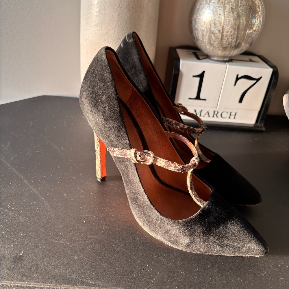 Coach Black Velvet Pointed-Toe T-Strap Stiletto Heels with Snake-Print Strap